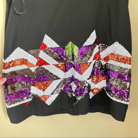 BEBE Mini Dress Black Size Medium Sequin Tribal Y2K Geometric Slip Party - Picture 5 of 7